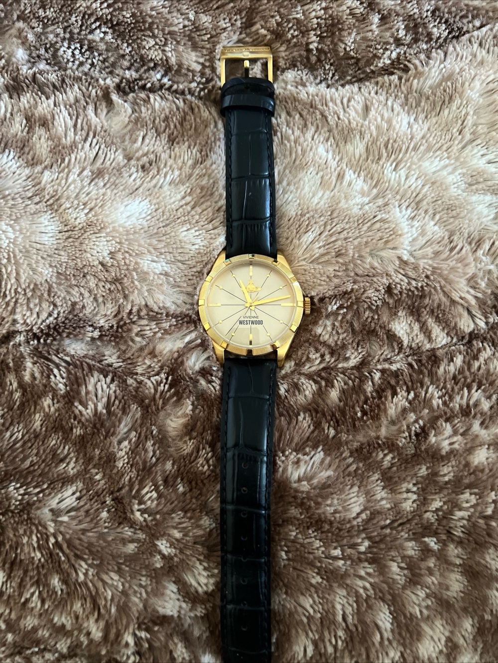 Vivienne Westwood Gold Face Black Croc Leather Strap Watch